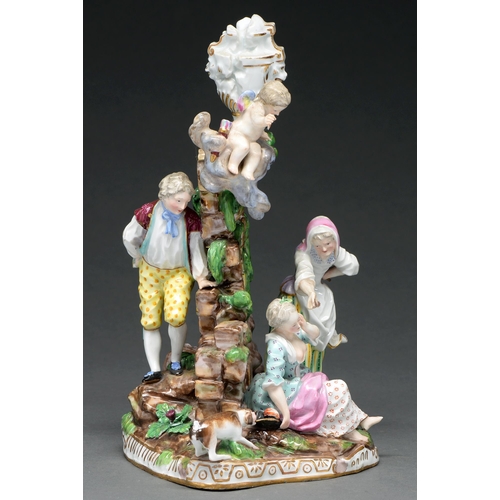 710 - A Meissen group, second half 19th c, with a young woman scolded by an elderly woman, with a dog befo... 