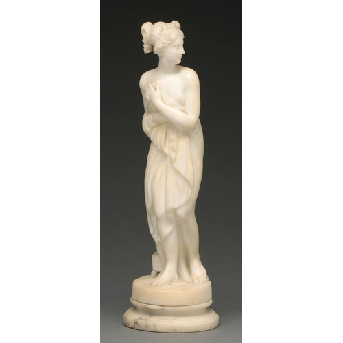 712 - An Italian alabaster sculpture of the Venus Italica, after Canova, 19th c, turned socle, 34cm h... 