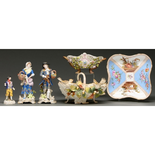 713 - A pair of French porcelain figures, early 20th c, in the 18th c taste, enamelled, scroll bases picke... 