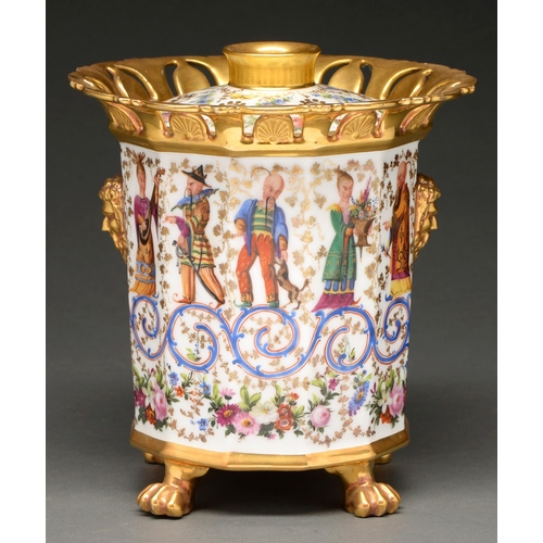 715 - A Paris porcelain pot pourri vase and cover, c 1830, of dodecagon shape with gilt Bacchus mask handl... 