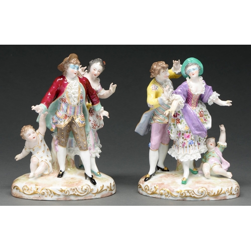 716 - A pair of Paris porcelain groups of an 18th c gallant and girl, Marx Eugene Clauss, late 19th/e... 