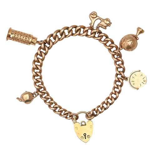 72 - A gold charm bracelet, with gold padlock and five gold charms, 19cm l, links individually marked, 39... 