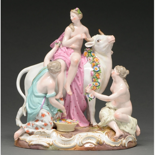 720 - A Meissen group of Europa and the Bull, late 19th c, 22cm h, underglaze blue painted cross swords wi... 