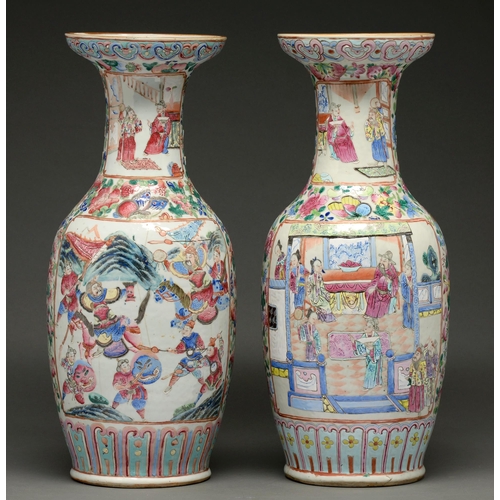 721 - A pair of Chinese Canton famille rose vases, second half 19th c, enamelled with principal and subsid... 