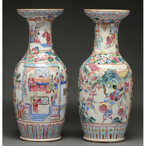 721 - A pair of Chinese Canton famille rose vases, second half 19th c, enamelled with principal and subsid... 