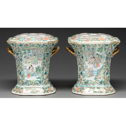 723 - A pair of Chinese Canton famille verte bough pots, second half 19th c, of flared cut cornered square... 