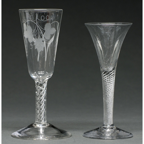 726 - A George III ale glass, the round funnel bowl engraved with hops and barley, on single series twist ... 