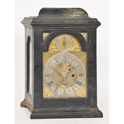 728 - A George II ebony bracket clockcase and gilt brass dial, early 18th c, elements of a caddy top, the ... 