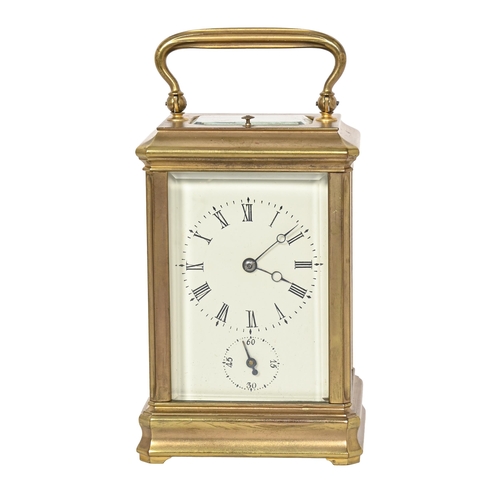 729 - A French brass carriage clock, late 19th c, with platform escapement to the gong-striking movement, ... 