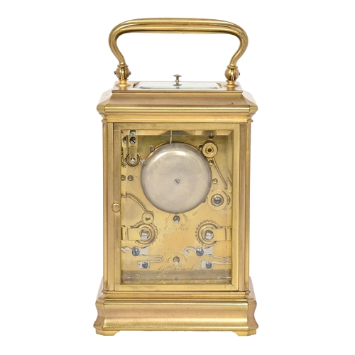 729 - A French brass carriage clock, late 19th c, with platform escapement to the gong-striking movement, ... 