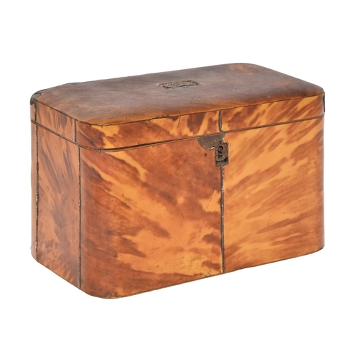 730 - An early Victorian tortoiseshell tea caddy, c 1837, of rounded rectangular shape, enclosing a l... 