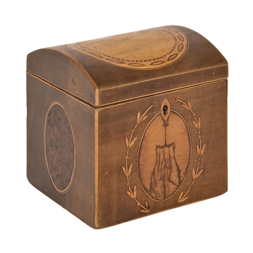 731 - A George III mahogany and marquetry square tea caddy, c 1790, domed cover centred by an inlaid round... 