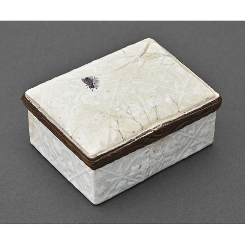 732 - A German enamel snuff box, c1770, the lid finely painted with a fly on a bianco-sopra-bianco ground,... 