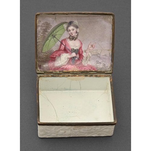 732 - A German enamel snuff box, c1770, the lid finely painted with a fly on a bianco-sopra-bianco ground,... 