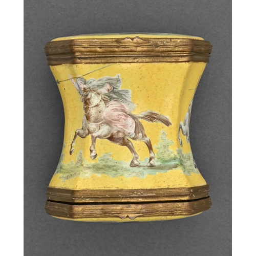 733 - A French giltmetal mounted faience double snuff box, late 19th c, painted with hunting scenes on a c... 