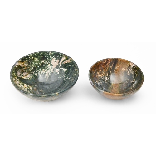 735 - Lapidary. A moss agate bowl, 9cm diam, another, smaller, 7.2cm diam, (2)