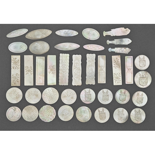 739 - A set of nine Chinese export armorial mother-of-pearl gaming counters, 19th c, 30mm diam and thirty ... 