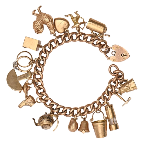 74 - A gold charm bracelet, with 9ct gold padlock and hung with a collection of gold charms, 18.5cm l, li... 