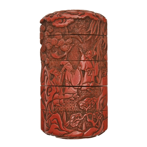 740 - A Japanese cinnabar lacquer four-case inro, Meiji period, carved on all sides, 10cm hProvenance: Gue... 