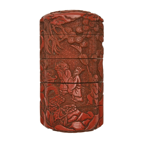 740 - A Japanese cinnabar lacquer four-case inro, Meiji period, carved on all sides, 10cm hProvenance: Gue... 