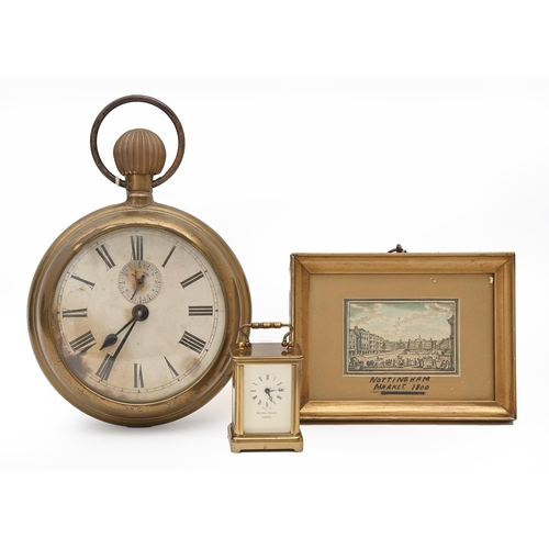 741 - A miniature brass carriage timepiece, Matthew Norman, London, 60mm h excluding handle, a watercolour... 