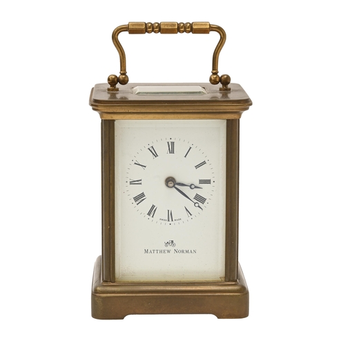 742 - A brass carriage timepiece, Matthew Norman, with platform lever escapement, key, 11cm h excluding ha... 