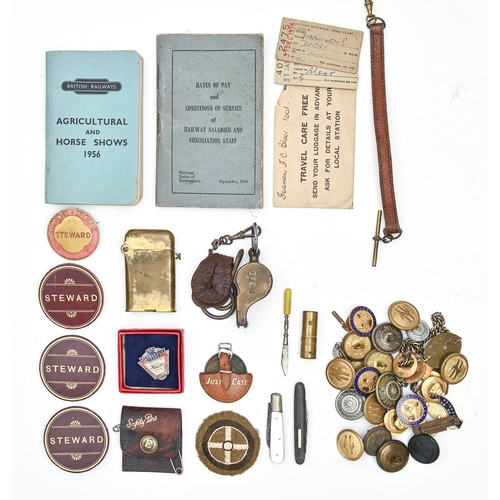 750 - Railwayana. Miscellaneous British Railways livery buttons, a guardsman's whistle, enamel badges, sil... 