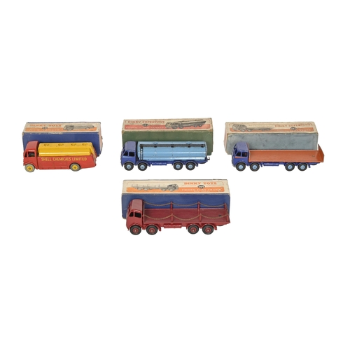 756 - Four Dinky Toys, comprising 591AEC tanker, 505 Foden flat truck with chains, 504 Foden 14-tonne tank... 