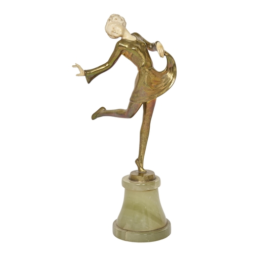 760 - Lorenzl. An art deco bronze and ivory figure of a dancer, c1930, on onyx pedestal, 22.5cm hPlease no... 