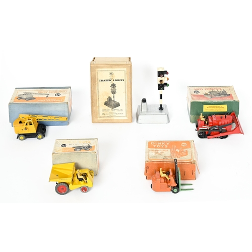 763 - Five Dinky Toys vehicles and accessories, comprising 14C Coventry Climax forklift truck, 561 Blaw Kn... 