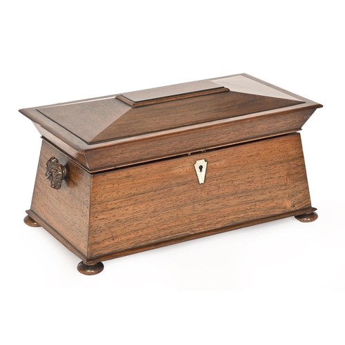 772 - A Victorian rosewood sarcophagus-shaped tea caddy, on turned bun feet, with mother-of-pearl escutche... 