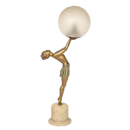 782 - An art deco bronzed and patinated spelter table lamp, in the form of an athletic semi naked young wo... 