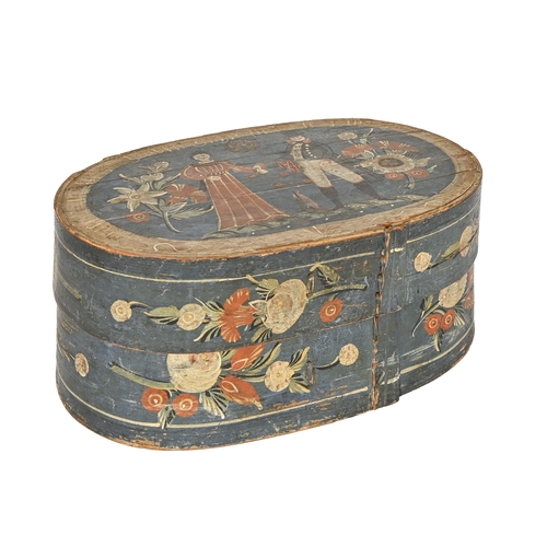 792 - Scandinavian folk art. A blue ground polychrome bentwood bridal box, 19th c, 21cm h, 48cm l... 