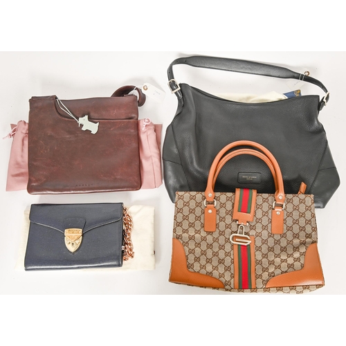 796 - A Gucci Junco leather and canvas handbag, 35cm w, an Aspinall of London snakeskin evening bag, with ... 