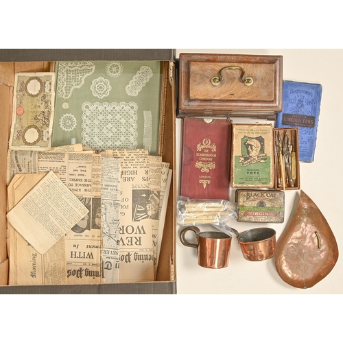 799 - Miscellaneous bygones, 19th and 20th c, including a tea caddy, lace samples, copperware, printed eph... 