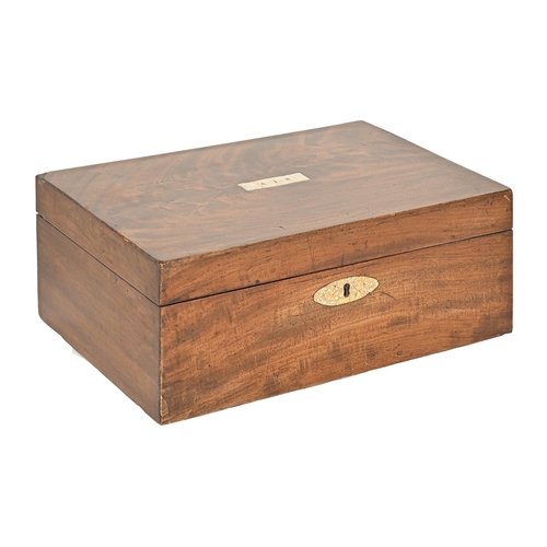 808 - A Victorian mahogany work box, with fitted interior, the lid inset with mother-of-pearl and inscribe... 