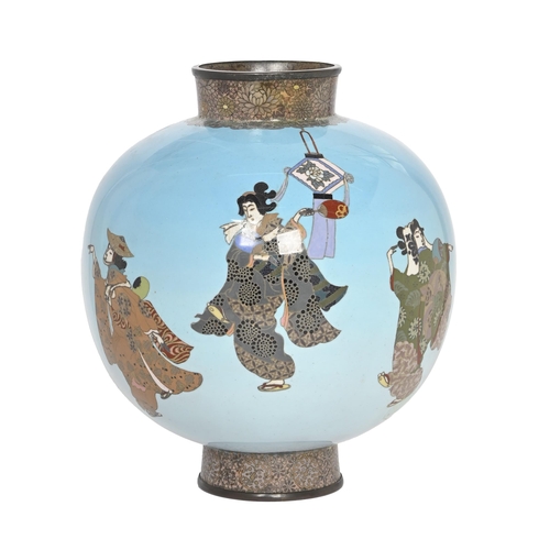 809 - A Japanese cloisonne enamel spherical vase, Meiji period, decorated with a continuous scene of dance... 