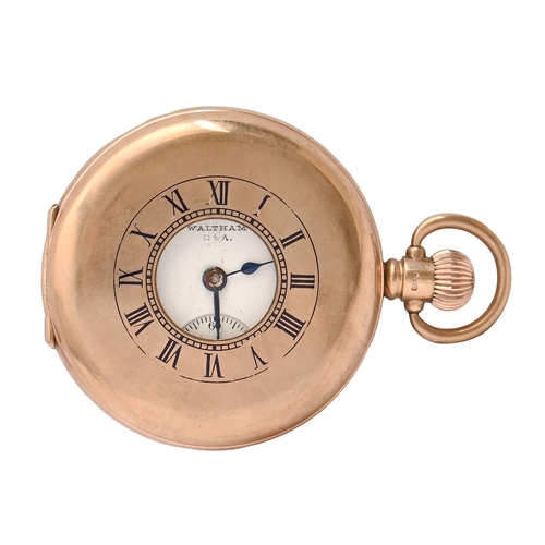 82 - A 9ct gold half hunting cased keyless lever watch, American Waltham Watch Co, in plain case, gold cu... 