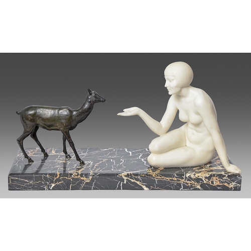 823 - Guglielmo Pugi (1850-1915) – A French Art Deco sculpture of a woman and a deer, alabaster and bronze... 