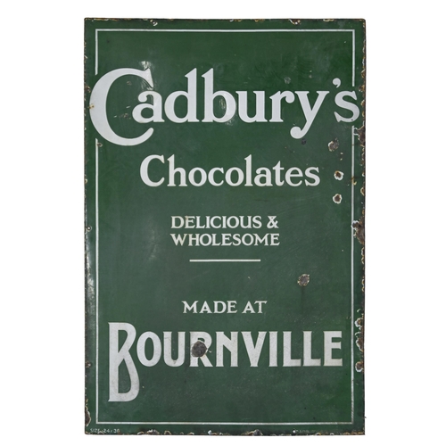 833 - Vintage advertising. A white and green enamelled iron advertisement for Cadbury's Chocolates Delicio... 