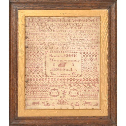 837 - A Bristol orphanage sampler, New Orphan Houses, Ashley Down 1882, finely worked in red cross stitch,... 