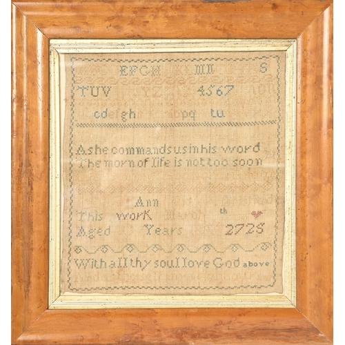 838 - A William IV linen sampler, dated 1835, in maple frame, 30 x 28cm