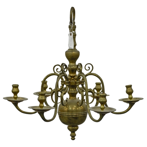 856 - A brass chandelier, early 20th c, in 17th c Flemish style and of six lights on scrolling branches, i... 