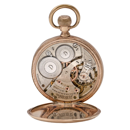 88 - An American gold keyless lever watch, American Waltham Watch Co, No 13282924, with 15-jewel movement... 