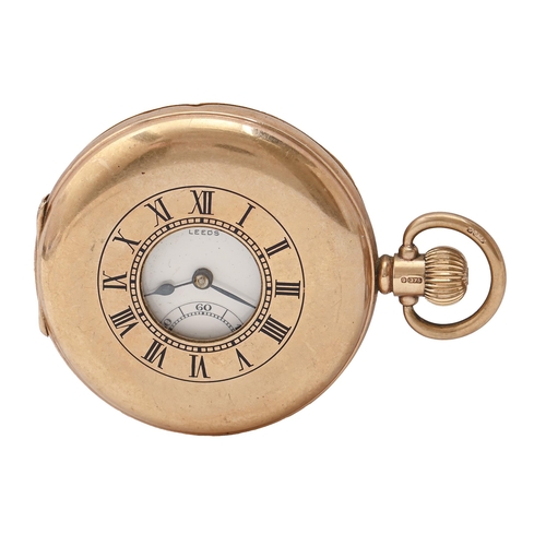 89 - A 9ct gold half hunting cased keyless lever watch, A Yewdall, Leeds, with Recta movement in plain ca... 