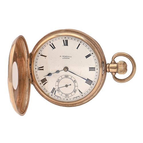 89 - A 9ct gold half hunting cased keyless lever watch, A Yewdall, Leeds, with Recta movement in plain ca... 