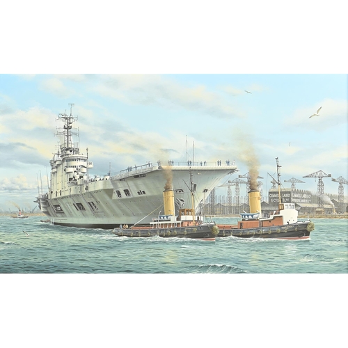 893 - Keith Davies (1960-) -  HMS “Ark Royal” leaving the Camel Laird Shipyard, signed and dated 2009, oil... 