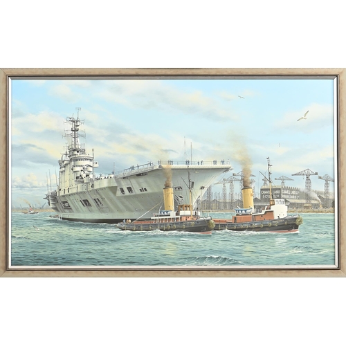 893 - Keith Davies (1960-) -  HMS “Ark Royal” leaving the Camel Laird Shipyard, signed and dated 2009, oil... 