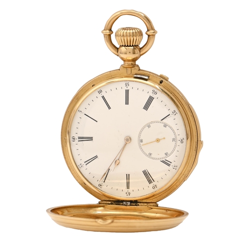 93 - A Swiss 18ct gold hunting cased quarter-repeating keyless lever watch, late 19th c, with enamel dial... 