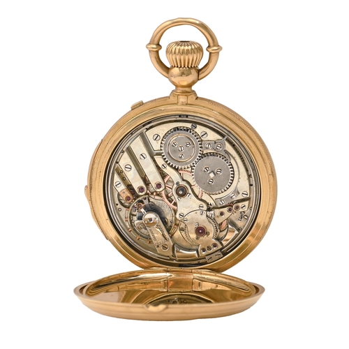 93 - A Swiss 18ct gold hunting cased quarter-repeating keyless lever watch, late 19th c, with enamel dial... 